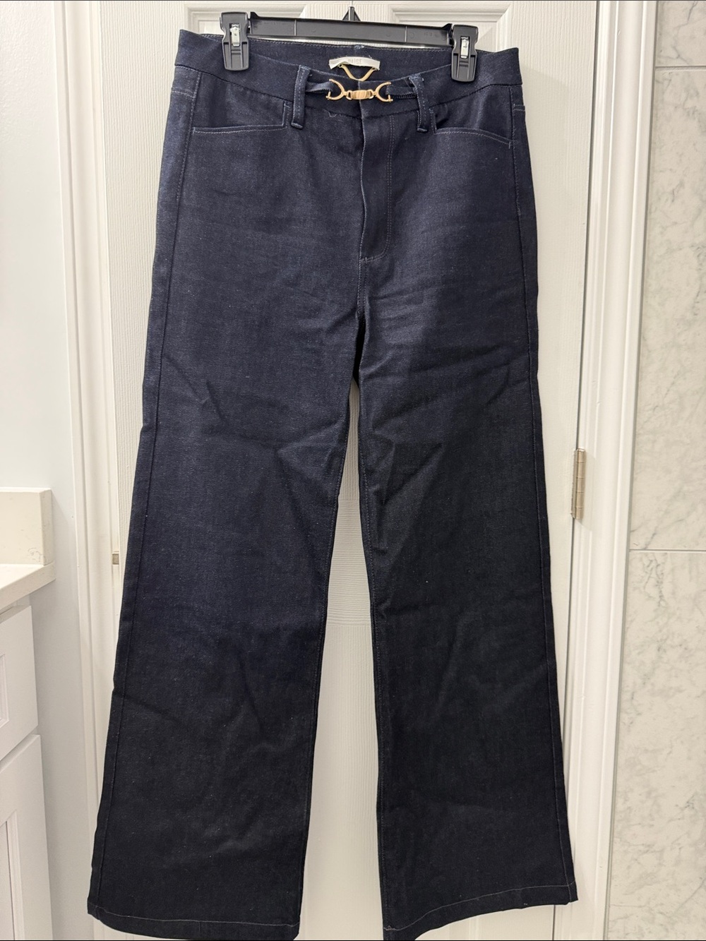 Paige Dark Indigo Wide-Leg Trouser-style Jeans with Gold Buckle Detail